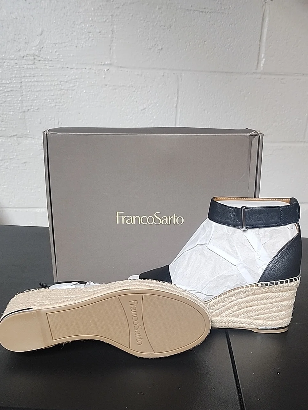 Franco Sarto Black and Natural Espadrille Wedge Clemens